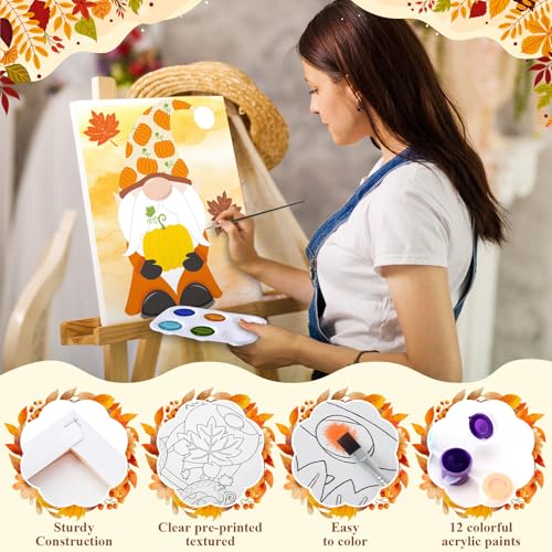 Humyoun 8 Sets 8" x 10" Fall Gnome Pre Drawn Canvas to Paint for Sip and Paint Party Thanksgiving Predrawn Coloring Set Pre Sketched Canvas Boards with Paints and Brushes for Adult - style: Gnome