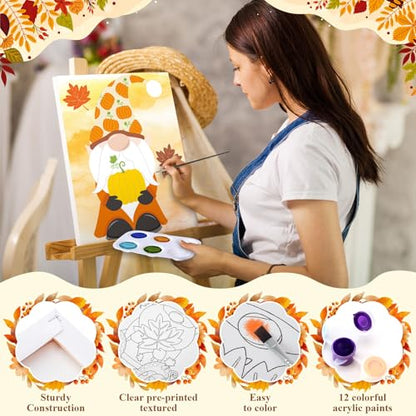 Humyoun 8 Sets 8" x 10" Fall Gnome Pre Drawn Canvas to Paint for Sip and Paint Party Thanksgiving Predrawn Coloring Set Pre Sketched Canvas Boards with Paints and Brushes for Adult - style: Gnome