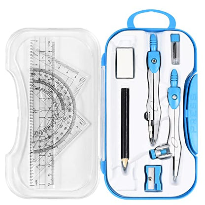 Unjoo Math Geometry Kit Sets 10 Piece Student Supplies with Shatterproof Storage Box,Includes Rulers,Protractor,Compass,Eraser,Pencil Sharpener,Lead Refills,Pencil,for Drafting and Drawings（Blue） - color: Blue