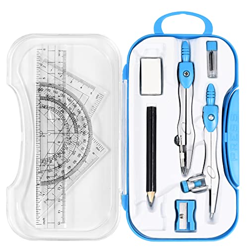 Unjoo Math Geometry Kit Sets 10 Piece Student Supplies with Shatterproof Storage Box,Includes Rulers,Protractor,Compass,Eraser,Pencil Sharpener,Lead Refills,Pencil,for Drafting and Drawings（Blue） - color: Blue