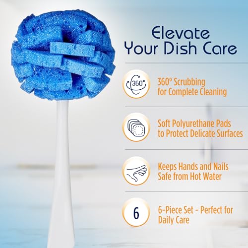 COMPAC HOME Dish Wand Kitchen Sponge | Effectively Clean China Dishes and Glassware | Unique Round Ball Shaped All-Around Cleaning Sponge | Gentle Flexible Brushes for Your Nice Dishes, 6 Count - size: Pack of 6 Short Handle