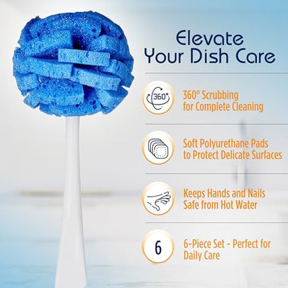 COMPAC HOME Dish Wand Kitchen Sponge | Effectively Clean China Dishes and Glassware | Unique Round Ball Shaped All-Around Cleaning Sponge | Gentle Flexible Brushes for Your Nice Dishes, 6 Count - size: Pack of 6 Short Handle
