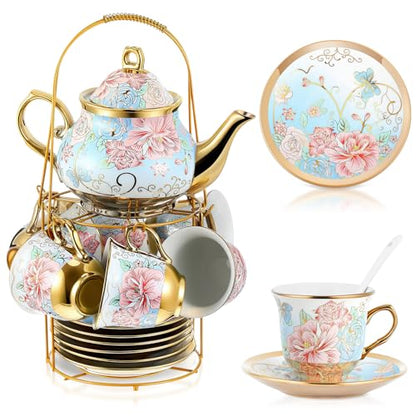 Zhehao 20 Pcs Porcelain Tea Set with Metal Holder and Spoon Adult Ceramic Tea Set European Flower Painting Teapot Cup Saucer Spoon for Women Mom Gift, Large Version (Vivid Style) - color: Vivid Style