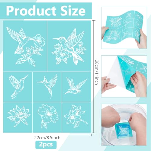 2 Sheets Hummingbird Silkscreen Stencil, Bird Flower Painting Stencils Templates Reusable Self-Adhesive Silk Screen Printing for Wall Border Wood Fabric Home Craft Decor - style: Hummingbird