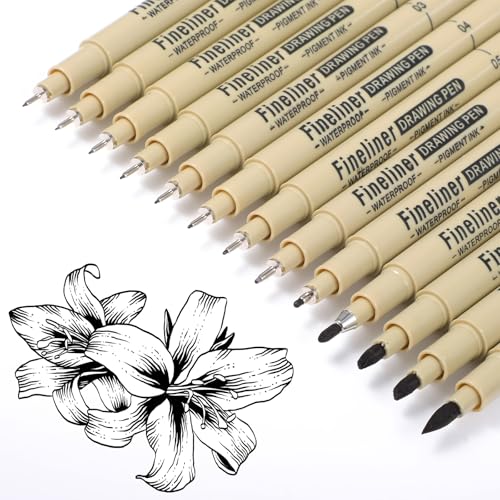 YUXIANLB 13pcs Micro Fineliner Drawing Art Pens, Black Waterproof Fine Line Pigment Ink Set Artist Supplies Archival Quality Inking Markers Liner Sketch Outline Zentangle Kit Stuff Detail Outlining