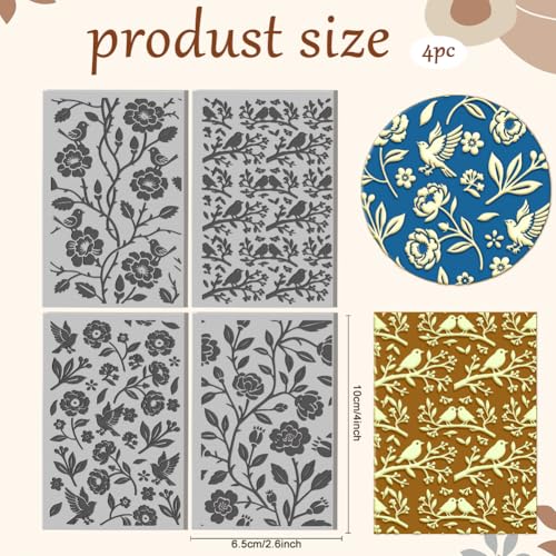 CHGCRAFT 4 Pcs Flowers Birds Pattern Polymer Clay Texture Sheet Vintage Branches Patterns Rubber Clay Texture Mat for Polymer Clay Making Earrings Jewelry DIY Crafts 4 × 2.5 Inch
