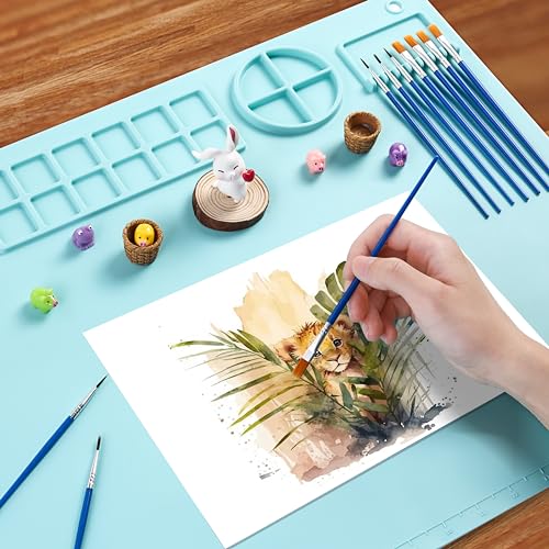 DIYDEC Silicone Craft Mat 20X16 Inch Large Silicone Art mat with Detachable Cup Painting Mat with 10 Painting Brushes Silicone Drawing Mat Sheets for Kids Adult DIY Accessories (Blue) - color: Blue