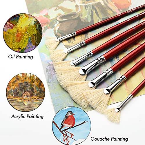 GACDR Fan Brush for Painting, 7 Pieces Fan Brush Set with Hog Bristle Natural Hair and Long Wood Handle, Professional Artist Fan Brushes for Acrylic Painting,Oil Watercolor Painting