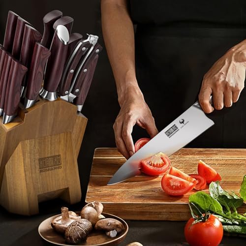HOSHANHO Kitchen Knife Set with Block 18-Piece, Super Sharp High Carbon Stainless Steel Chef Knife Set, Professional Cutlery Knife Set with Sharpener - size: 18 Pieces Knife Set