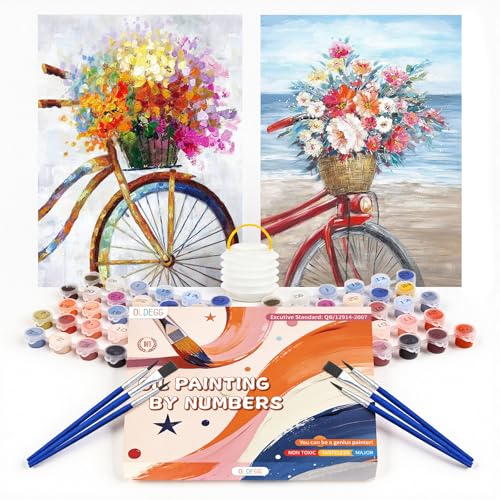 OLDEGG Paint by Numbers Kit for Adults Beginners,2 Pack Coastal Bicycle Floral Canvas Paint by Number for Adults All Art Supplies,DIY Acrylic Canvas Art Paint by Number Set Wall Decor 12x16 inch - color: Bicycle Flower 2Pack -WithoutFrame
