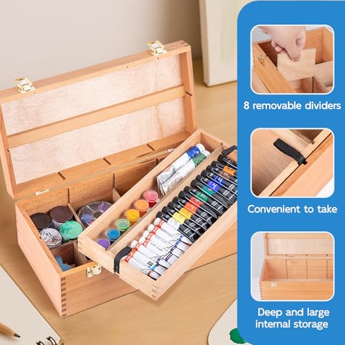 Falling in Art Large Art Supply Storage Box, Solid Beechwood Tool Box, Artist Storage Organizer with Drawer for Paintbrushes, Paints, and Pastels