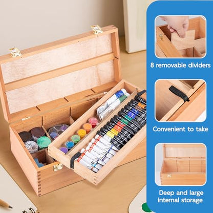 Falling in Art Large Art Supply Storage Box, Solid Beechwood Tool Box, Artist Storage Organizer with Drawer for Paintbrushes, Paints, and Pastels