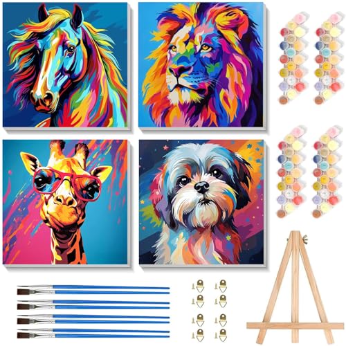 cviokrdu 4 Pack Paint by Numbers Kit for Kids with Frame - Wooden Easel, Animal Paint by Numbers for Kids Ages 4 8 12, Easy Animals Acrylic Oil Painting Kits for Home Wall Decoration 8x8 inch - color: BKH1972-BKH1975