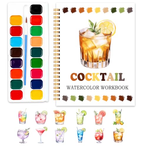 Easy Cocktail Watercolor Workbook for Beginners, Water Coloring Book, 18 Colors Watercolors Paint Set, 12 Patterns Watercolor Kit for Beginners, Creative Art Gift for Adults Women Teen - color: cocktail