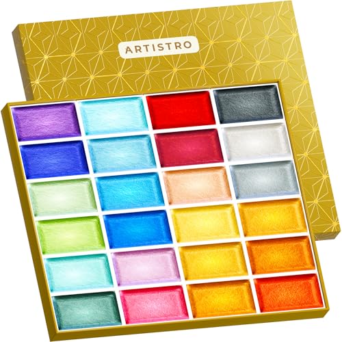 ARTISTRO Professional Metallic Watercolor Paint Set for Adults - 24 Pigment-Rich Colors, XL Pans, ASTM-I Lightfastness, High Tinting Strength Watercolor Set for Professionals made by professionals - color: 24 Metallic Colors