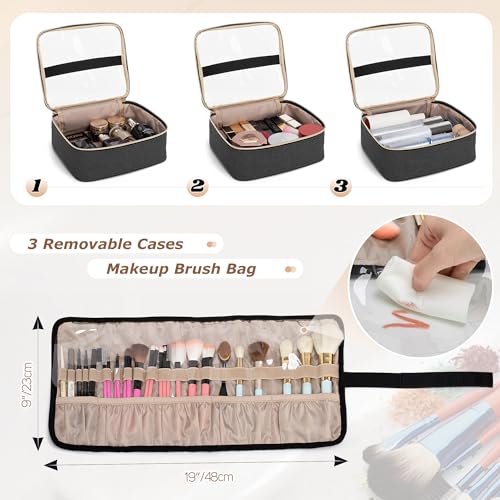 LUXJA Rolling Makeup Case with 3 Removable Pouches and 1 Makeup Brush Bag, Large Makeup Bag Cosmetic Bag with Detachable Dolly (Patented), Black - color: Black