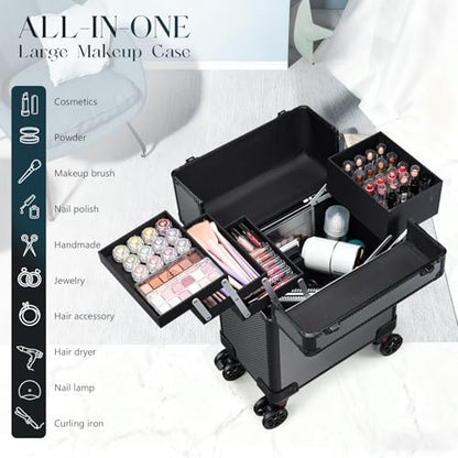 Rolling Makeup Case, Cosmetology Case on Wheels Professional Vanity Case with Trays for Women Large Travel Makeup Box Organizer Trolley with Key, Ashy Grey - color: Urban Black