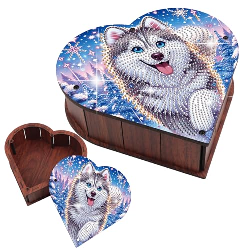 DIY Dog Pattern Heart-Shaped Diamond Painting Wooden Storage Box Diamond Art Jewelry Box Kits Organizer Case Dressing Desktop Decoration Storage Cubes Storage Box for Valentine's Day Gift - color: Grey dog
