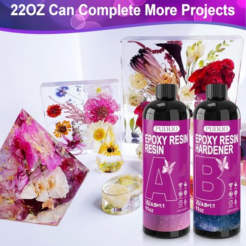 Puduo Epoxy Resin Kit for Beginners 22OZ, Resin Kit with Molds, Epoxy Resin Kit wiht Dried Flowers, Measuring Cups and Resins Supplies, Easy to Mix 1:1 Ratio