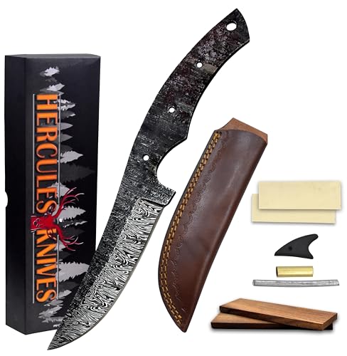 Custom Hand Forged Damascus Steel Blank Blade DIY Knife Making Kit Including Walnut Scale, Leather sheath, Pin, Fiber Sheet Camping Blade Damascus Blade Billet Handmade Knife Making Supply (BK-J) - color: BK-J