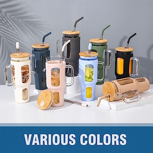 WINSA Glass Tumbler with Lid and Straw, 46 oz Iced Coffee Cup with Handle, Large Water Bottles with Silicone Sleeve, Glass Cup with Straws - Pearl Straw & Drinking Straw BPA Free-Blue - color: Blue, size: 46 Ounces