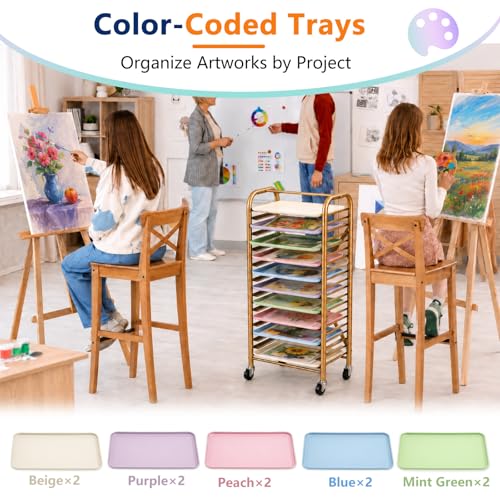 LEIFIDE Mobile Art Drying Rack with 10 Colorful Tough Trays, Paint Rack with 4 Wheels, Large Capacity Classroom Painting Organizer, Metal Frame, for Kids, School & Art Studio