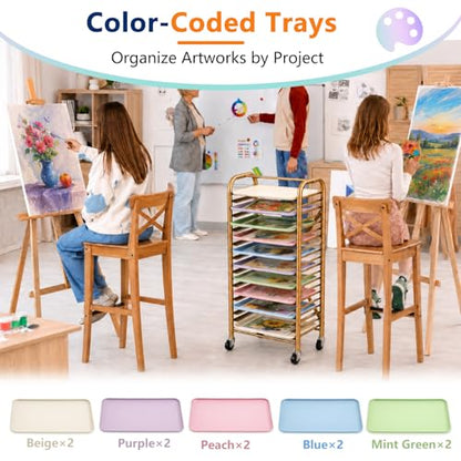LEIFIDE Mobile Art Drying Rack with 10 Colorful Tough Trays, Paint Rack with 4 Wheels, Large Capacity Classroom Painting Organizer, Metal Frame, for Kids, School & Art Studio