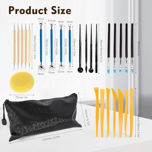 32Pcs Clay Sculpting Tool Kit, Pottery Carving Tools with Silicone Dotting Pen, Sponge and Modeling Sticks for Polymer Clay Molding Dotting Stippling Carving Shaping, Pottery Craft