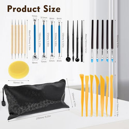 32Pcs Clay Sculpting Tool Kit, Pottery Carving Tools with Silicone Dotting Pen, Sponge and Modeling Sticks for Polymer Clay Molding Dotting Stippling Carving Shaping, Pottery Craft