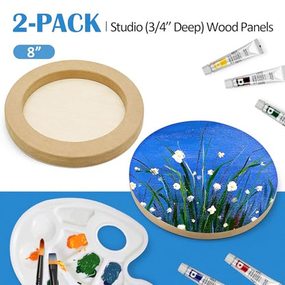 Falling in Art Unfinished Round Birch Wood Canvas Panels Kit, 2 Pack of 8’’ Studio 3/4’’ Deep Cradle Boards for Pouring Art, Crafts, Painting, and More - size: 8' round 2 Pack