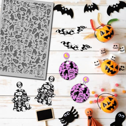 Halloween Polymer Clay Texture Mat - Creepy Skelton Witch Cat Texture Sheets for Polymer Clay Earring Charm Jewelry Making, DIY Craft Supplies - style: Skeleton