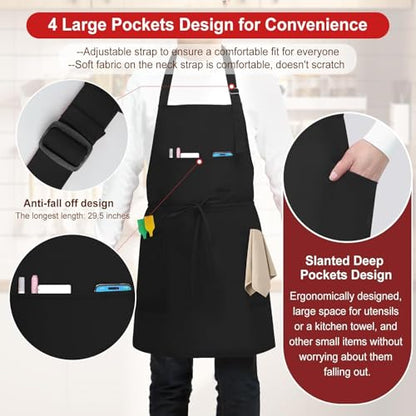SHEOMERN 3 Pcs Dual Waterproof Oilproof Kitchen Chef Aprons with 4 Pockets for Men Women, Adjustable Soft Anti-Tear Cooking Bib Apron for Baking Grilling BBQ Painting Cleaning (Black) - color: Black