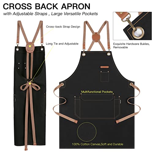 Chef Apron with Cross Back Straps for Men Women, Cotton Canvas Apron for Artists Painting, Kitchen Cooking - color: Black, 6pack