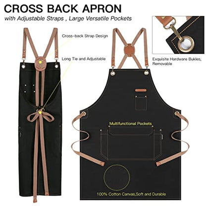 Chef Apron with Cross Back Straps for Men Women, Cotton Canvas Apron for Artists Painting, Kitchen Cooking - color: Black, 6pack