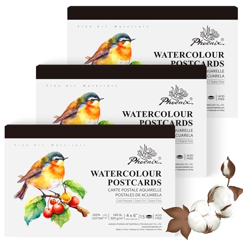 PHOENIX 100% Cotton Watercolor Paper Postcards - Cold Press, 4x6 Inches, 45 Sheets/3 Pack, 140lb/300gsm Acid-Free Art Paper for Painting, Mailing, DIY Holiday Cards - size: 4"x6" / 3 Pack