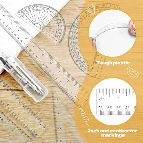 7Pcs Math Geometry Set - Ruler, Triangle, Protractor & Compass Kit, Clear Plastic Drawing Tools for School, Office, Math Class & Art Drafting
