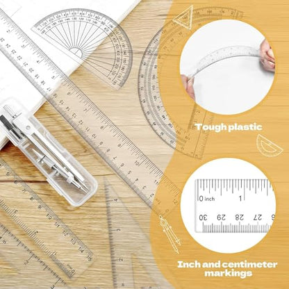 7Pcs Math Geometry Set - Ruler, Triangle, Protractor & Compass Kit, Clear Plastic Drawing Tools for School, Office, Math Class & Art Drafting