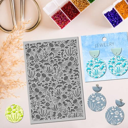 Ocean Sea Grass Polymer Clay Texture Mat - Fish Jellyfish Seahorse Texture Sheet for Polymer Clay Jewelry Making, Earring Charms, DIY Craft Supplies - style: ocean animals