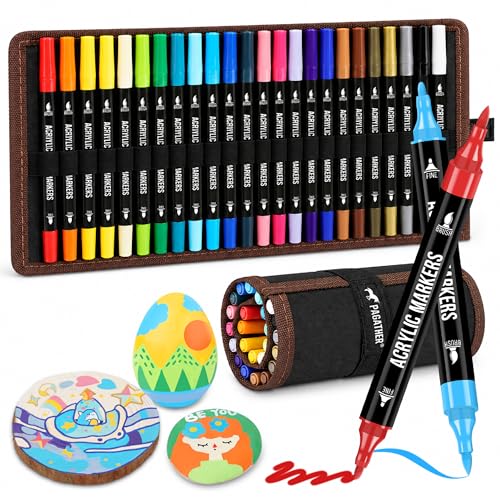 Pagather 24 Colors Acrylic Paint Markers, Dual Tip with Fine Tip and Brush Tip Pens for Stone, Wood, Calligraphy, Canvas, Ceramic, Metal, Glass, Rock Painting, DIY Crafts Art Supplies Kit - color: 24 Color