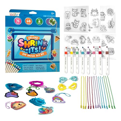 Ooly 73 PC DIY Shrinking Art Kit with 8 Paint Markers, Includes 48 Plastic Pre Cut Charms, 15 Colored Ball Chains and 2 Colored Cords, No Mess Creative Activity Jewelry Making Kit - color: Deluxe Kit