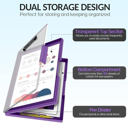 Sooez Clipboard with Storage, Heavy Duty Cleaview Clip Boards 8.5x11 with Dual Storage, Dry Erase Plastic Nursing Clipboard, High Capacity Clipboards Folder for Teacher Nurse, School & Office Supplies - color: Purple