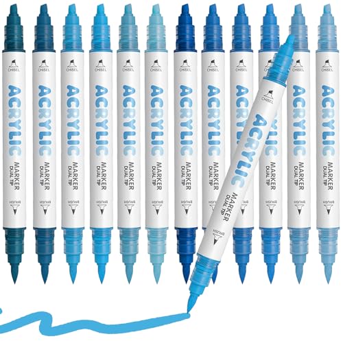 Blue Acrylic Paint Pens, Water Based 12 Colors Dual Tip Acrylic Paint Markers for Rock Painting Wood, Glass, Ceramic, Canvas, Fabric, Stone, DIY Crafts Making Art Supplies - color: Blue Series