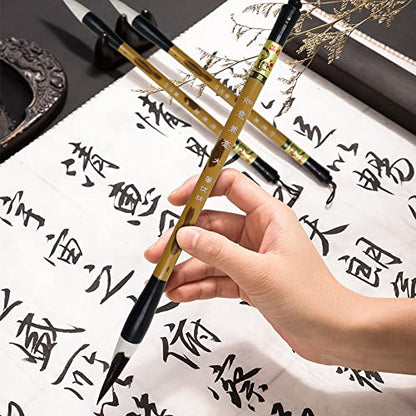 3 Sizes Chinese Writing Brush with Wood Rack Pen Rest, Calligraphy Brush Set, Sumi Painting Drawing Brushes, Kanji Art Brushes for Professional Beginners (Large, Medium, Small Size)