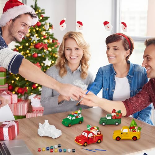 JellyArch 6 Set Christmas DIY Painting Kit Ceramic 3D Ceramic Truck to Paint Your Own Truck with Snowman Reindeer Claus Statues Unpainted Plaster Craft with Brush Paint Bag for Adult - style: Christmas