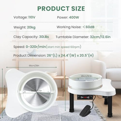 Huanyu Pottery Wheel Machine for Adult 12.6" Electric Ceramic Clay Machine 400W with LCD Screen & Foot Pedal Detachable Basin Art DIY Sculpting Tool Kit