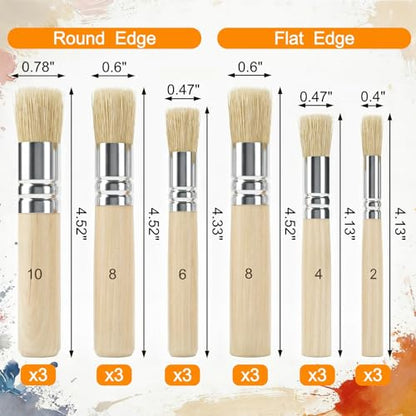 SOUJOY 18 Pcs Wooden Stencil Brushes Set, Natural Bristle Paint Brushes with Wooden Handle for Acrylic Oil Watercolor Painting, Wood Wall Model House Painting, Stencil Projects, DIY Crafts, 6 Sizes