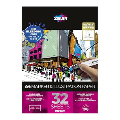 Zieler® A4 (8.3" x 11.7") Marker & Illustration Paper Pad, Smooth Bright White, 100gsm, 32 Sheets