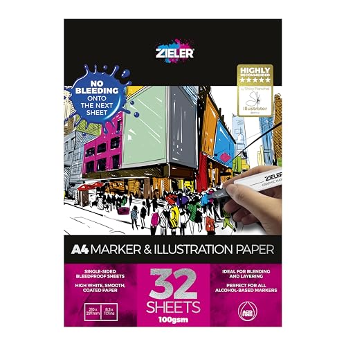 Zieler® A4 (8.3" x 11.7") Marker & Illustration Paper Pad, Smooth Bright White, 100gsm, 32 Sheets