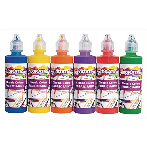 Colorations® Fabric Paint Set, 4oz Bottles, 6 Colors, Fabric Paint is Permanent & Remains on the Fabric, Creamy & Easy to Apply to Cotton, Cotton blends, Polyester, Canvas & more, No Cracking Paint