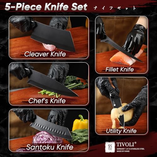 TIVOLI Kitchen Knife Set 5pcs - Chef Knife Set with Full Tang Wooden Handle - Cleaver, Boning, Fillet, Santoku, Kitchen Utility Knives - Cooking Gifts for Men and Women - size: 8.1